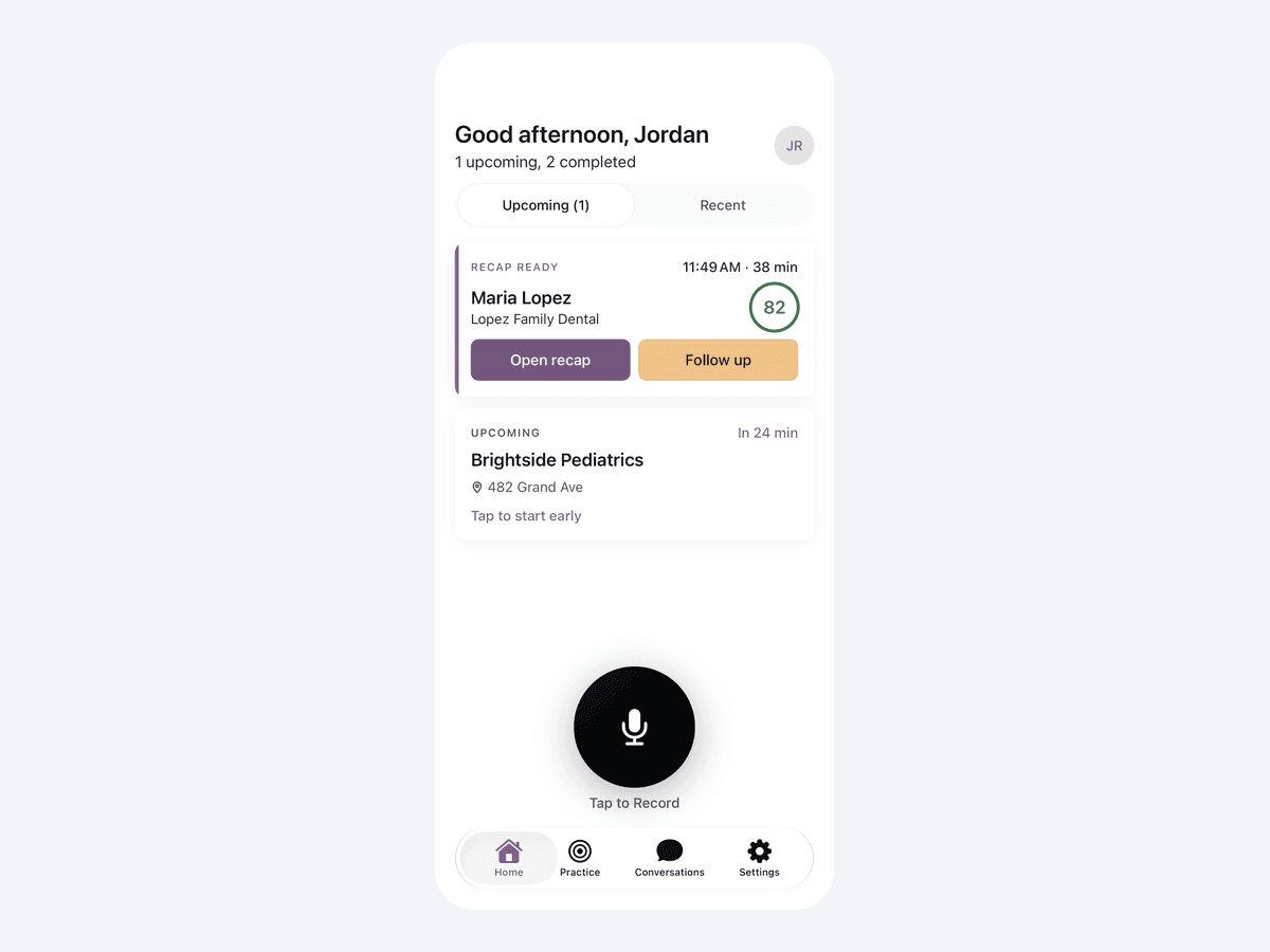 Itero mobile app Home screen on iPhone with a scored meeting's recap ready, the next meeting coming up, and the one-tap record button
