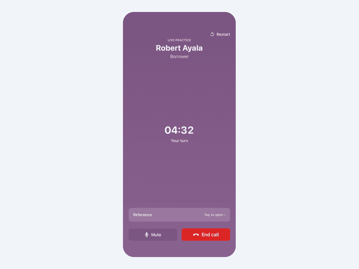 Live AI practice call in the Itero mobile app on iPhone, showing the call timer and that it is the rep's turn to speak