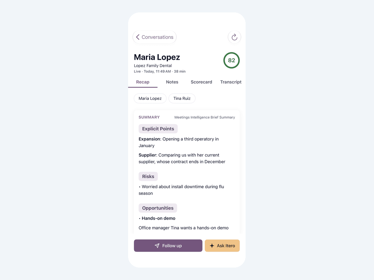 Itero mobile app on iPhone showing a meeting scored 82 with its recap of key points, risks and opportunities, and buttons to follow up or ask Itero