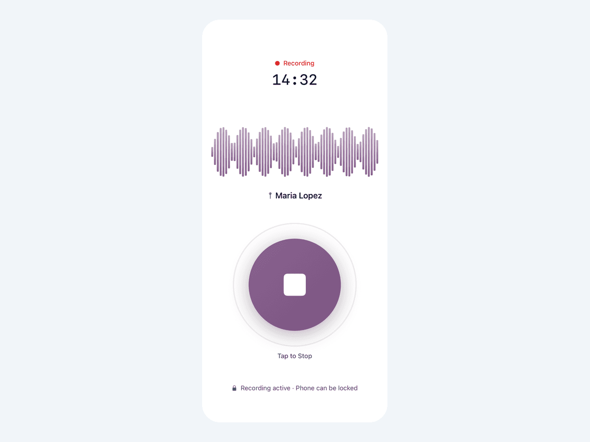 Itero mobile app on iPhone 14 minutes into a recording, noting that the phone can be locked while recording continues
